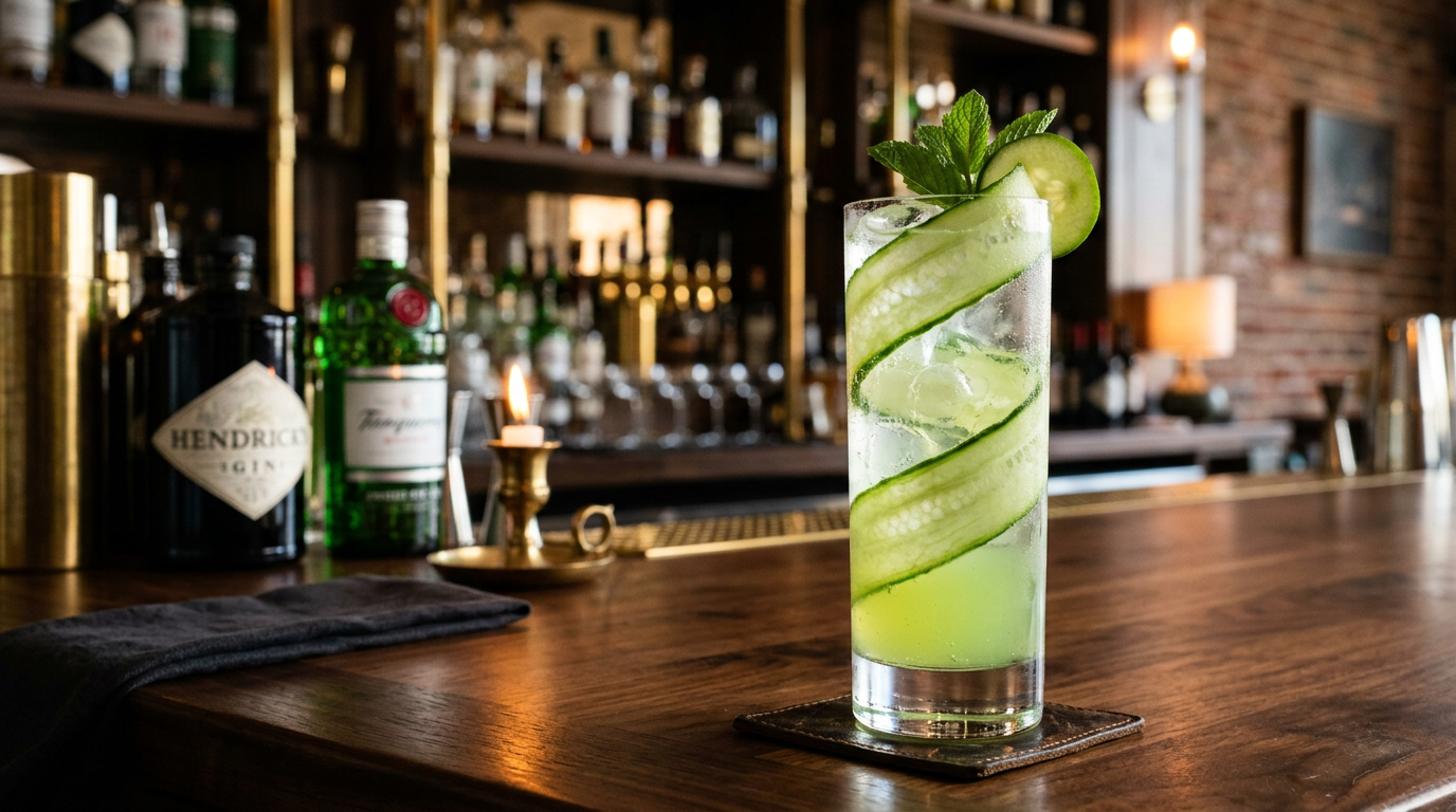 Tall highball with pale coconut fizz and lime, checkered bar floor blur behind.