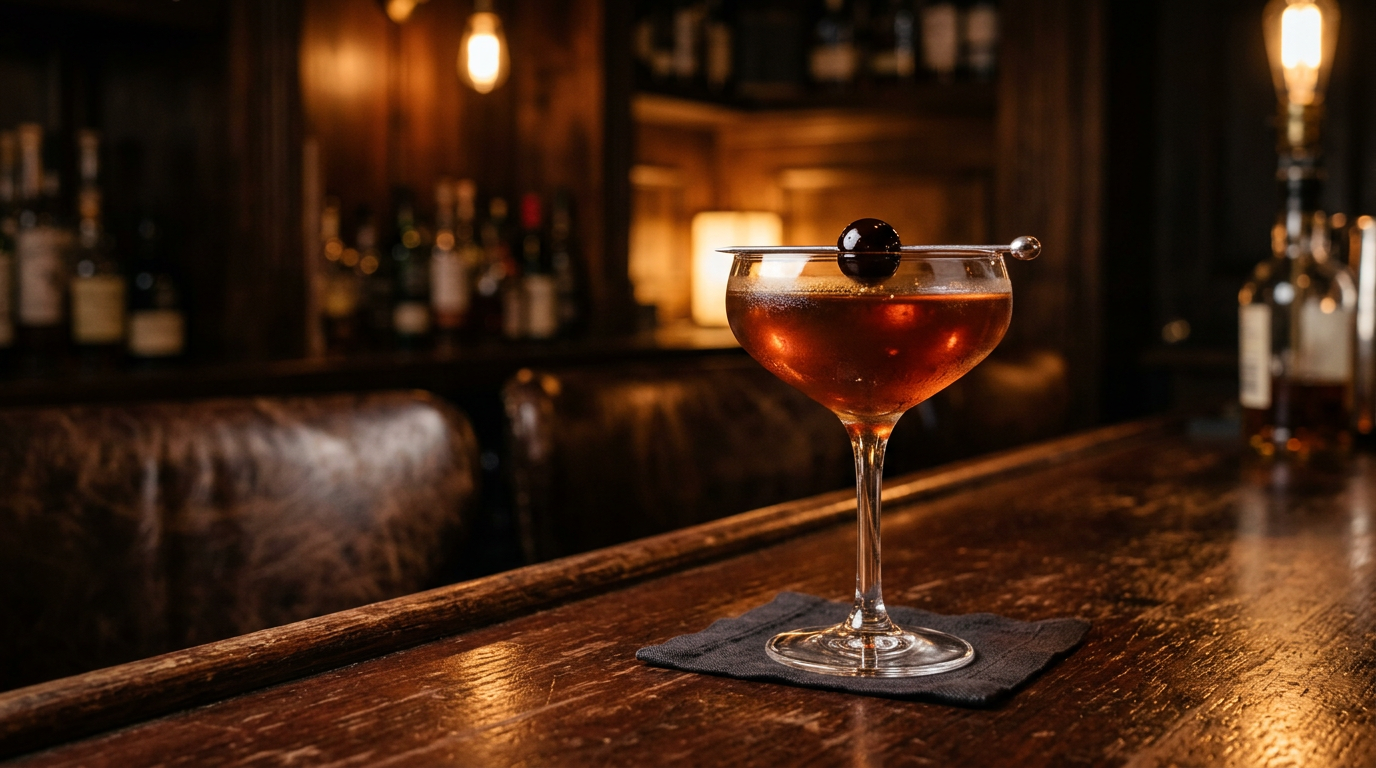 Mahogany Manhattan cocktail in a coupe with a dark cherry, moody warm lighting.