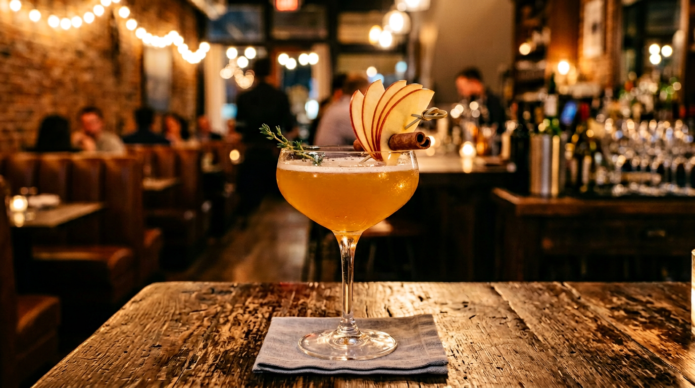 Golden apple-accented tequila sour in a coupe, warm low light.