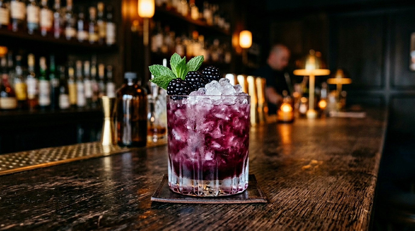 Deep red gin bramble in a rocks glass with crushed ice and blackberry.