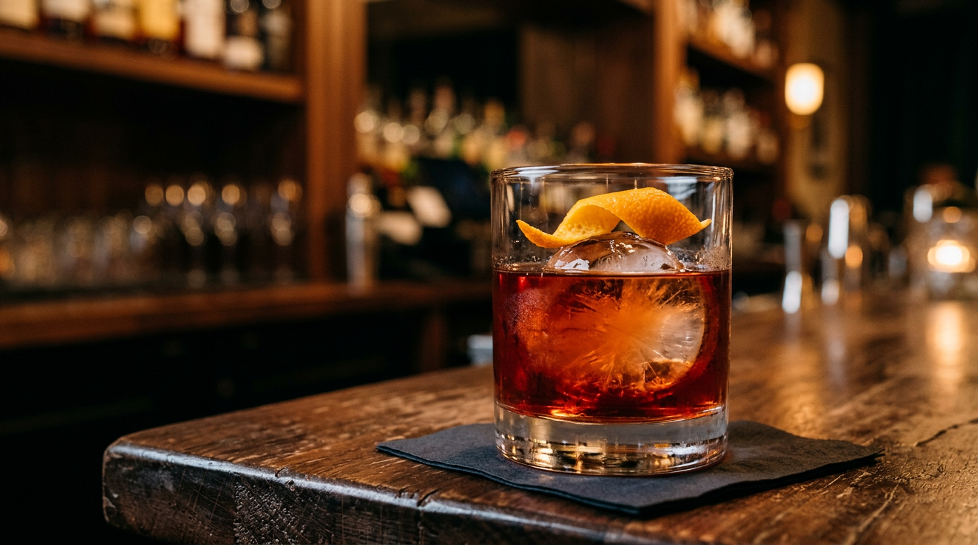 Deep ruby Boulevardier cocktail in a rocks glass with ice and an orange twist.