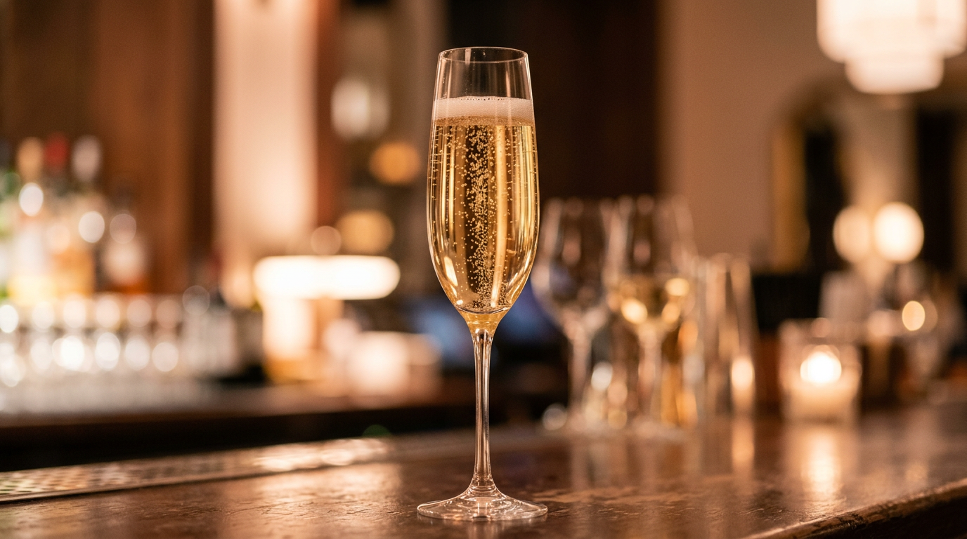 Golden champagne in a flute with fine bubbles, warm peach-toned background.