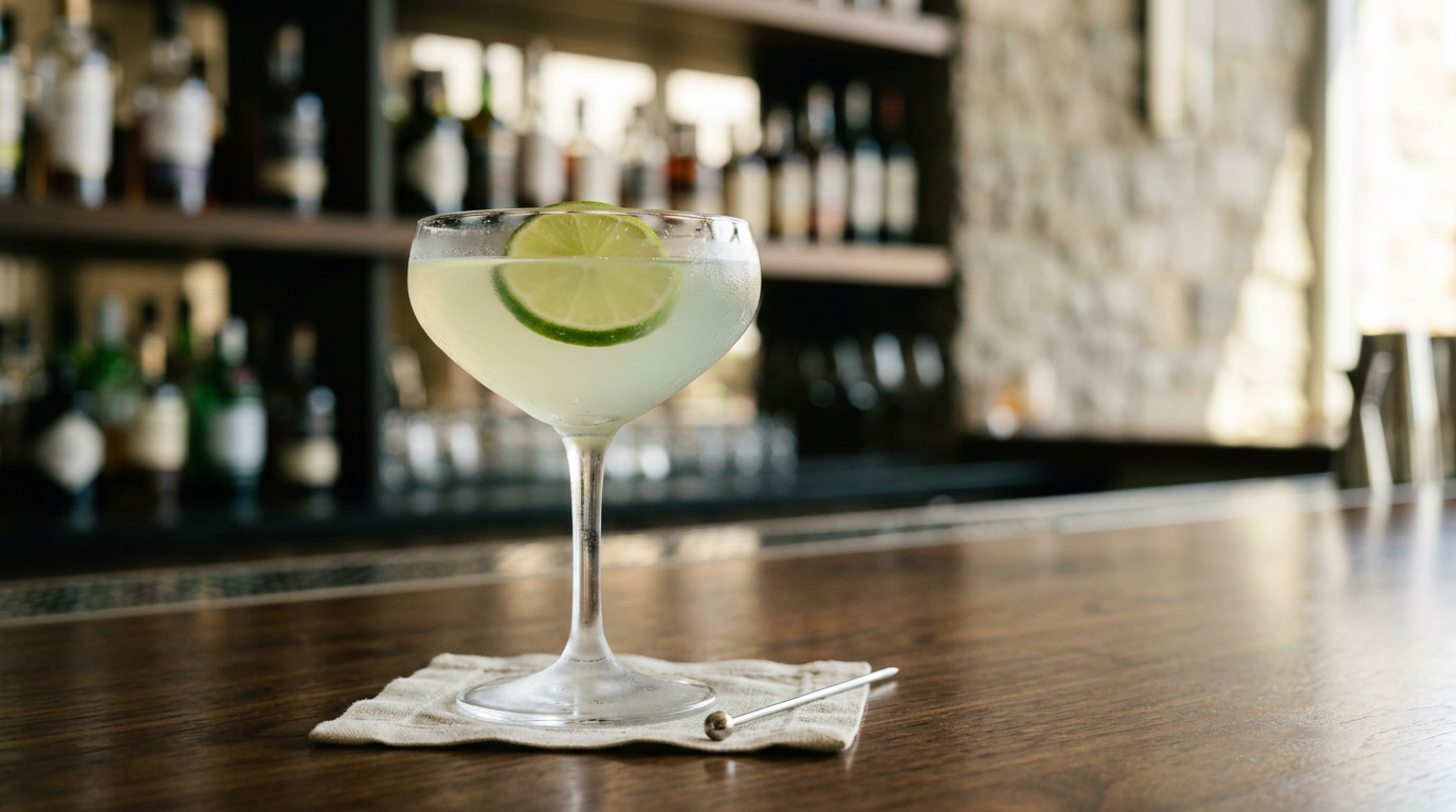 Gimlet in a coupe with a lime wheel, pale cocktail, soft warm background.
