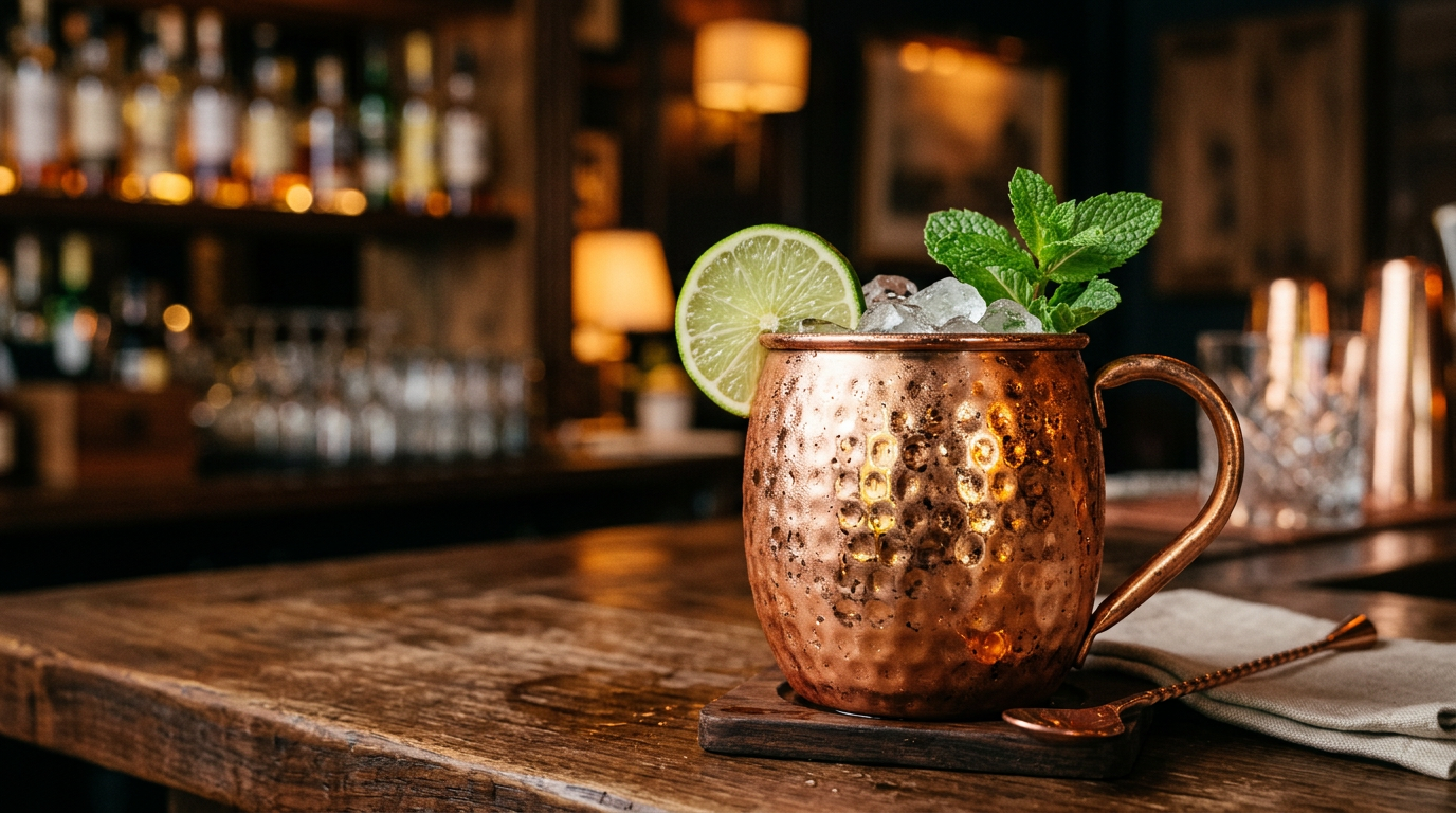 Moscow mule in a copper mug with lime wedge and ice.