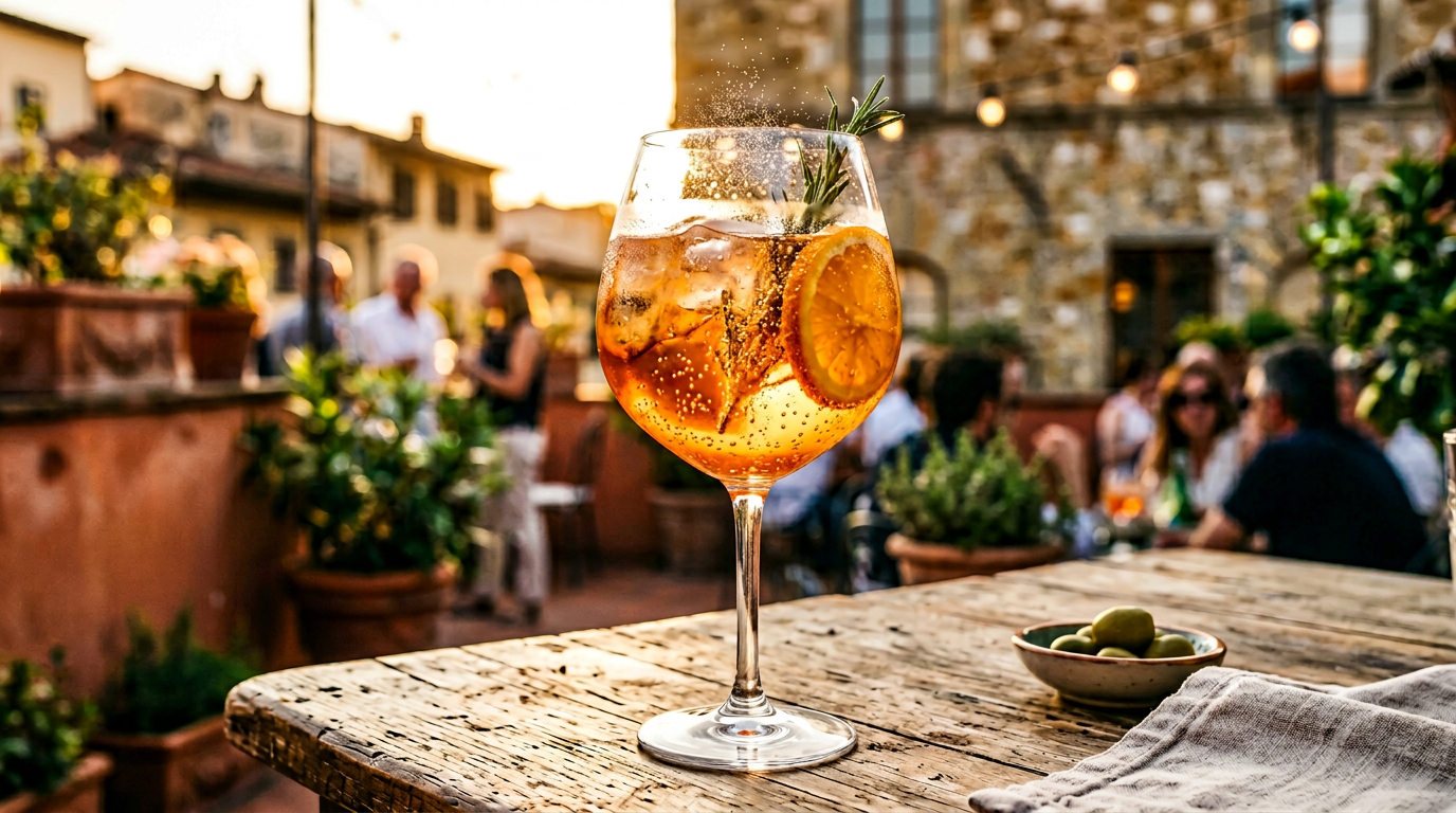 Orange-red amaro spritz in a large wine glass with orange slice and ice.