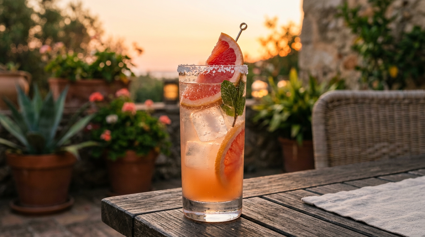 Pink grapefruit Paloma in a tall highball with salted rim and grapefruit wedge.