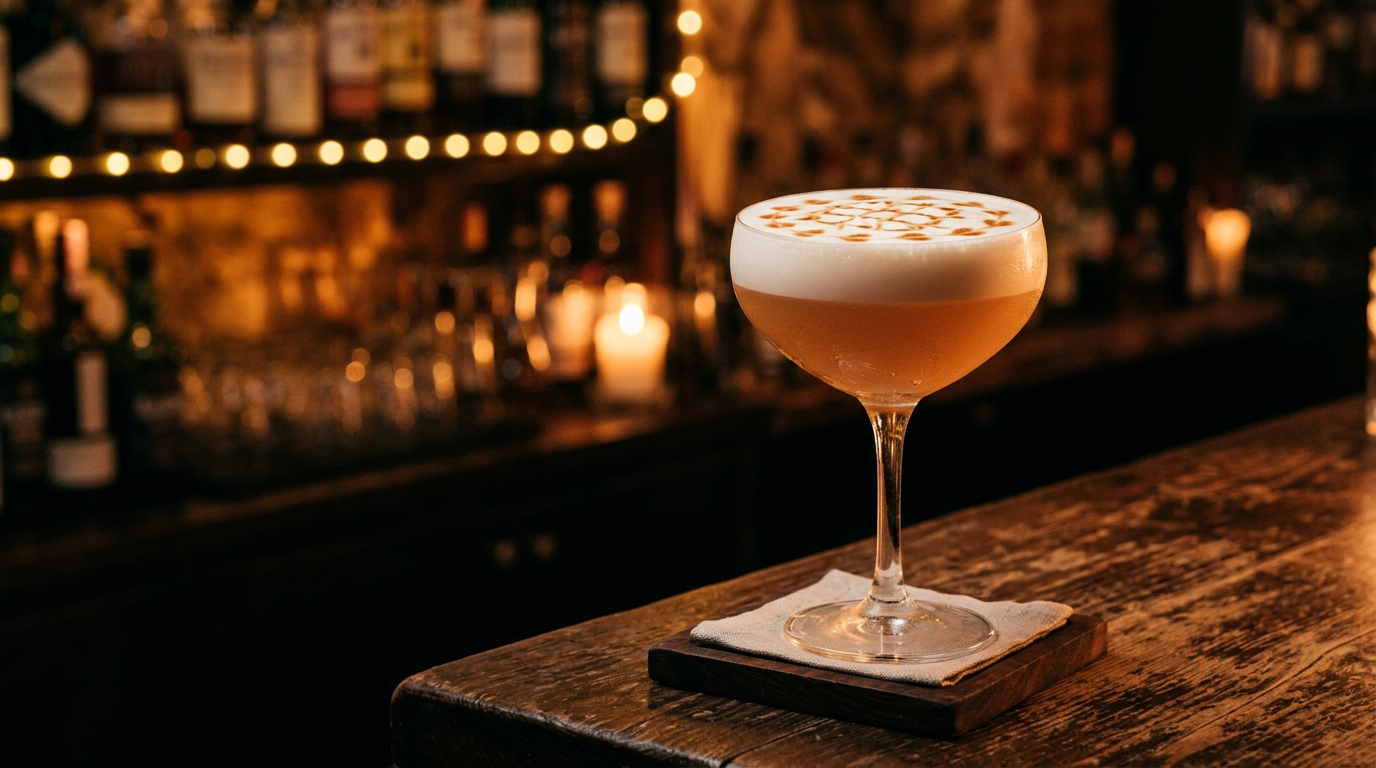 Whisky sour with a thick white foam cap in a coupe glass, warm amber lighting.