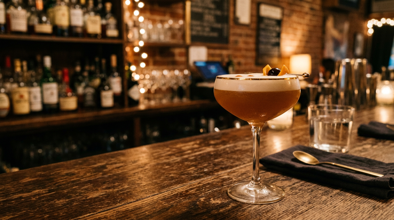 Amber whiskey sour with foam in a coupe, warm bistro light.