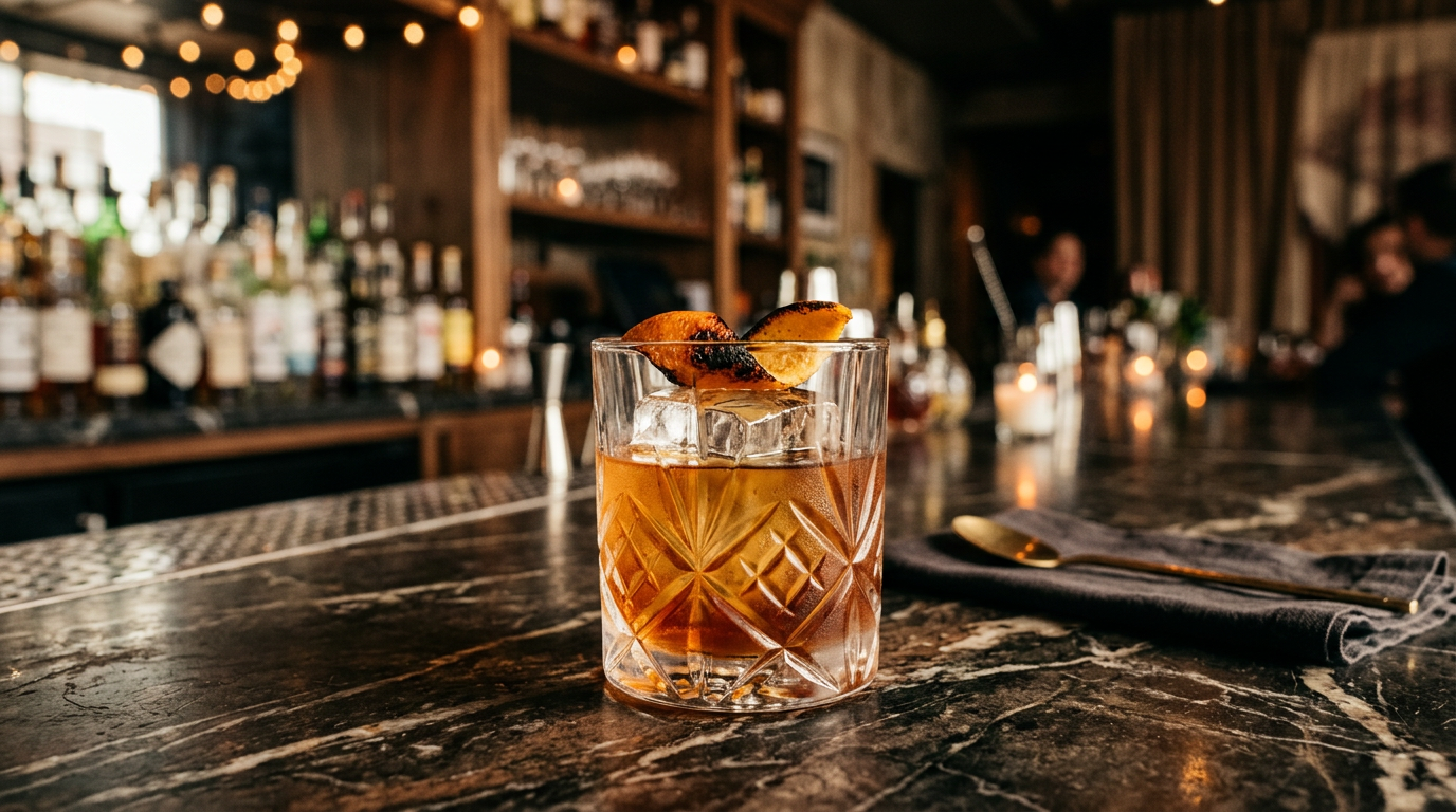 Smoky tequila old fashioned in a rocks glass with a large ice cube and orange twist under warm bar light.