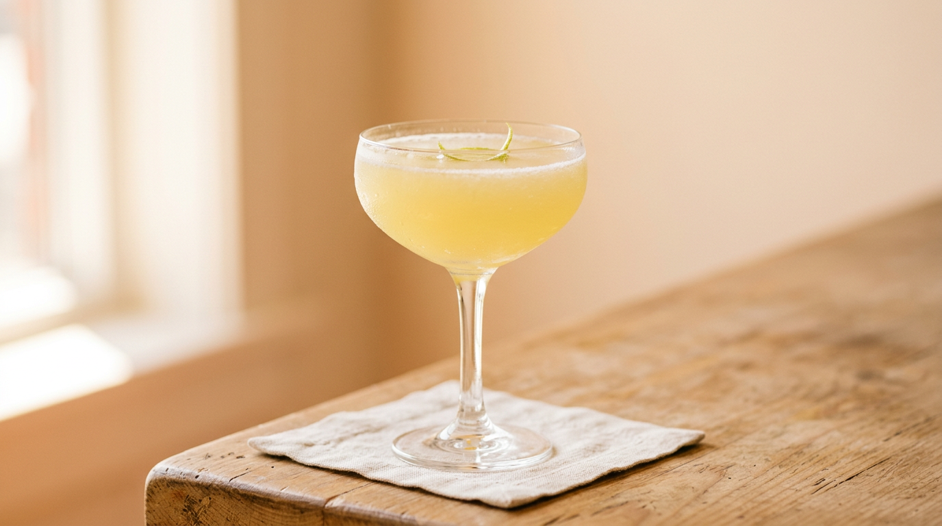 Pale yellow daiquiri in a small coupe, minimalist warm-toned bar setting.