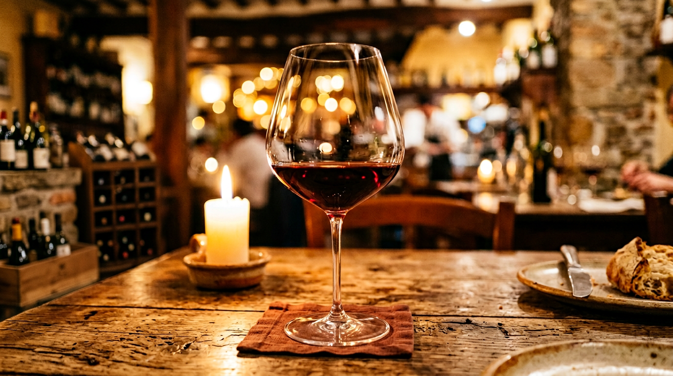 Ruby Nebbiolo red wine in a large wine glass on a rustic wood table.