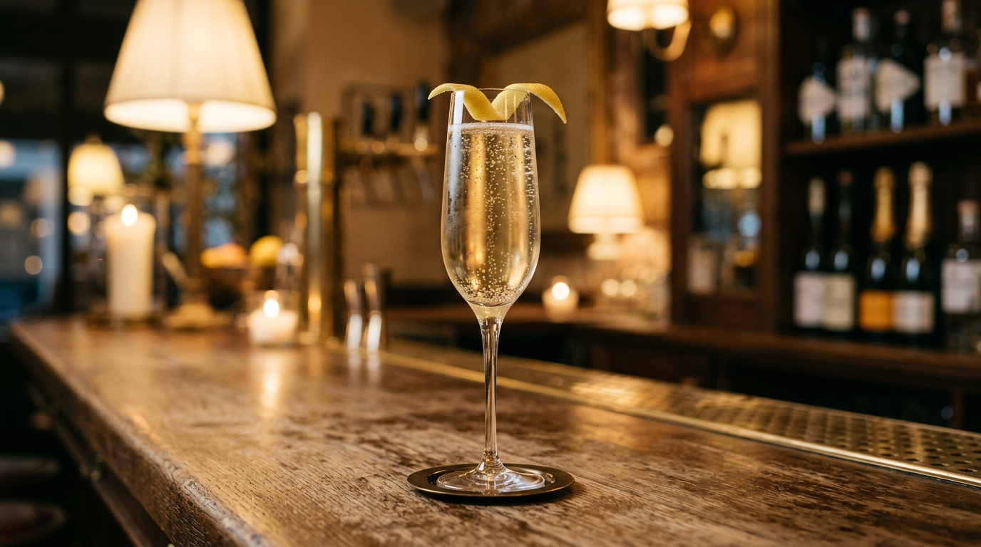 Tall glass French 75 with pale golden fizz and lemon twist.